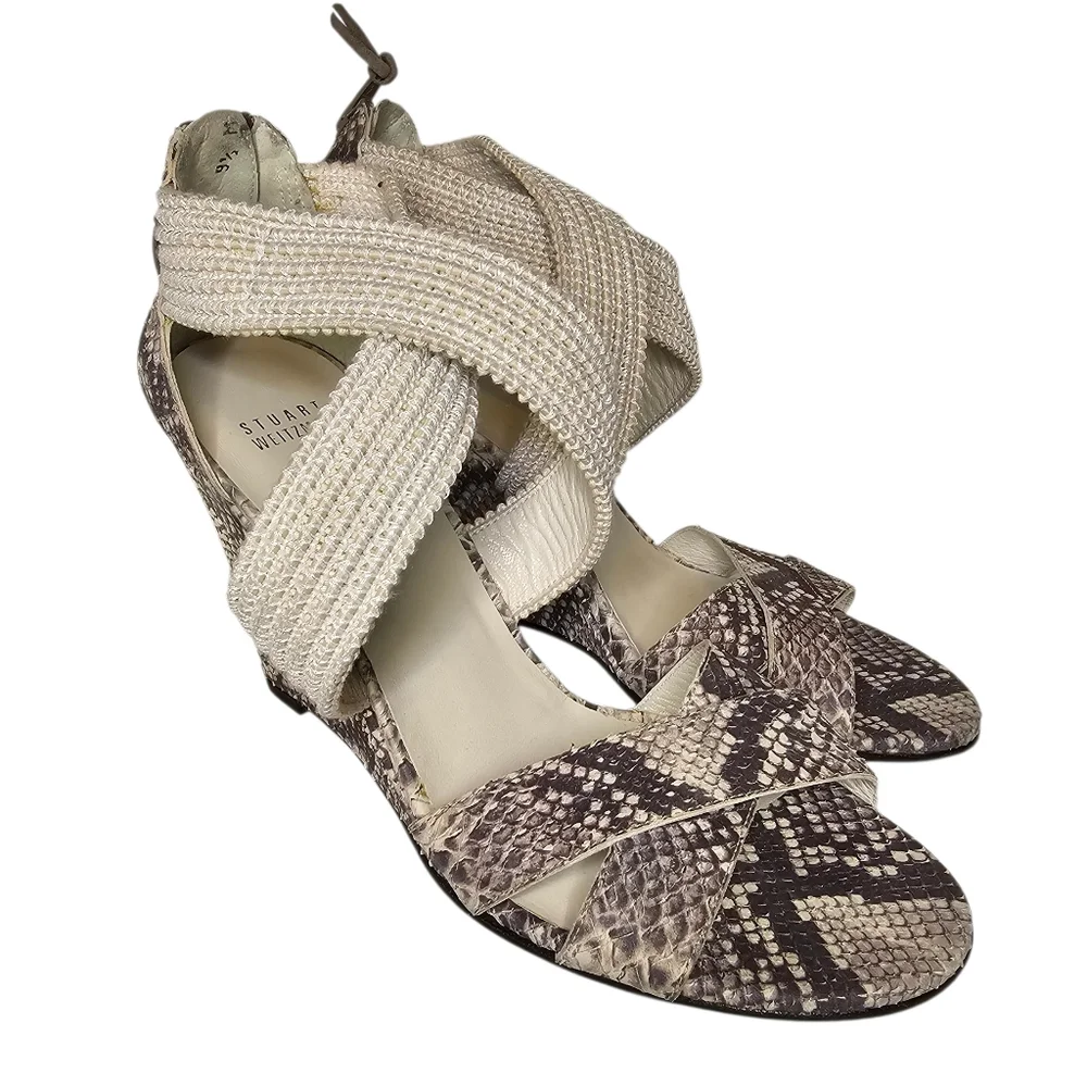 Stuart Weitzman Grasp Wedge Sandals - Women's Size 9.5 - Snakeskin Animal Print - Picture 2 of 14